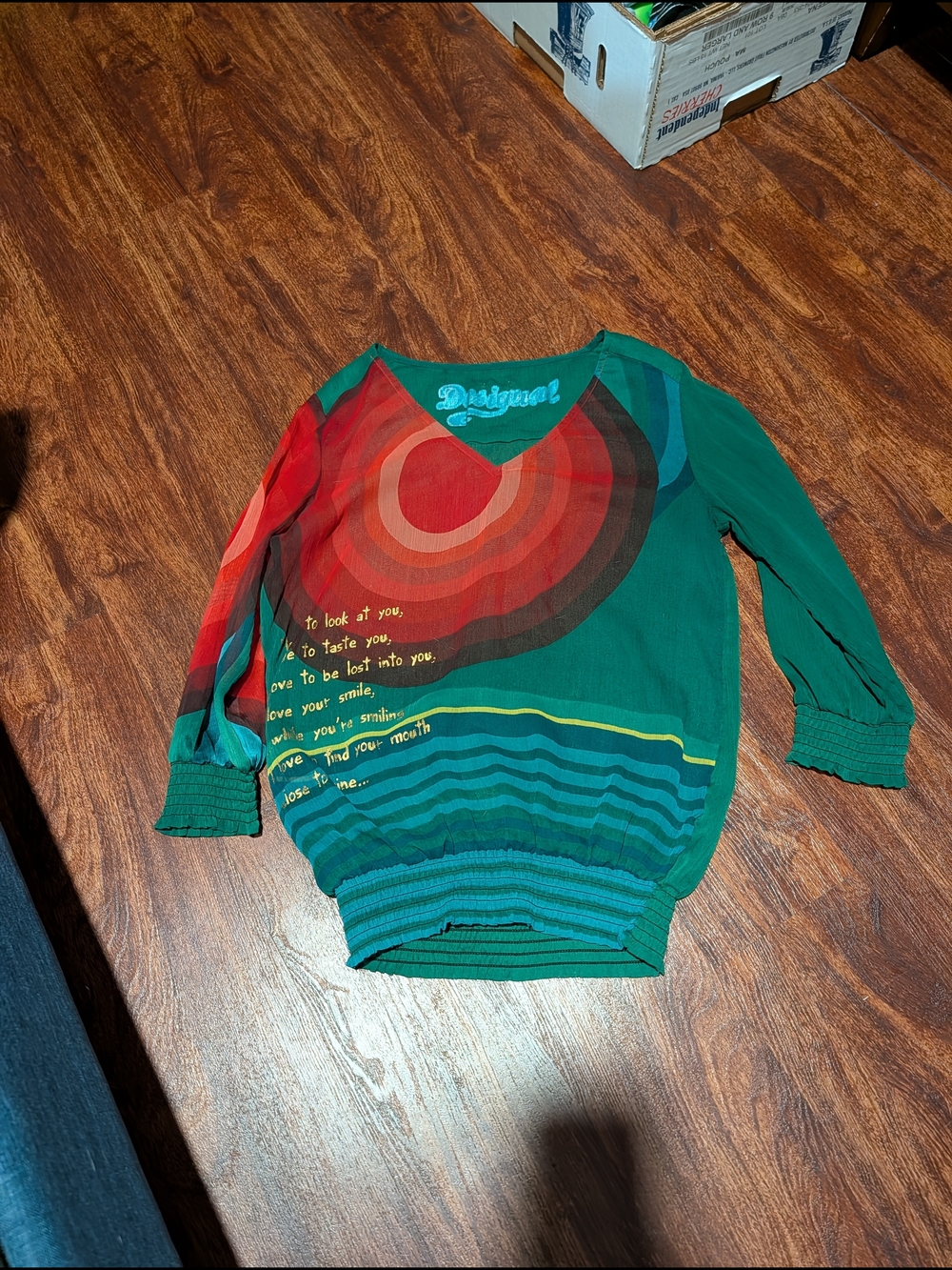 Desigual Green Multicolor V-Neck Pullover with Red and Teal Accents